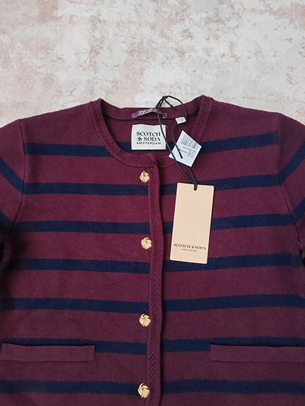 NWT Scotch & Soda Striped Knit Cardigan Sweater Gold Buttons Wine Navy XS - Picture 3 of 13